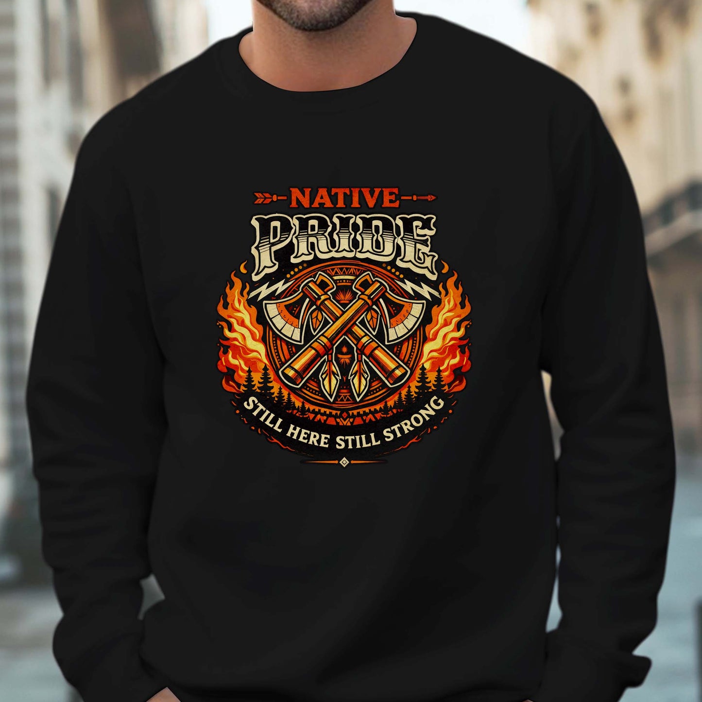 Native Pride Still Here Still Strong - Indigenous Warrior Tomahawk Graphic Unisex T-Shirt/T-Shirt V-Neck/Hoodie/Sweatshirt