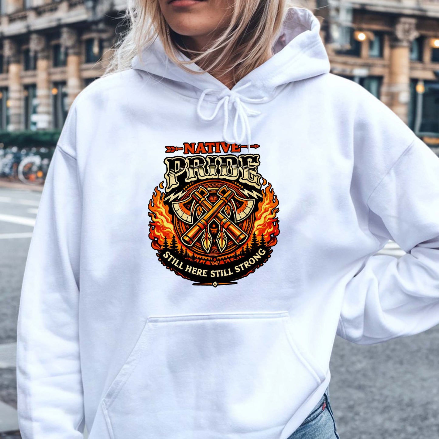 Native Pride Still Here Still Strong - Indigenous Warrior Tomahawk Graphic Unisex T-Shirt/T-Shirt V-Neck/Hoodie/Sweatshirt