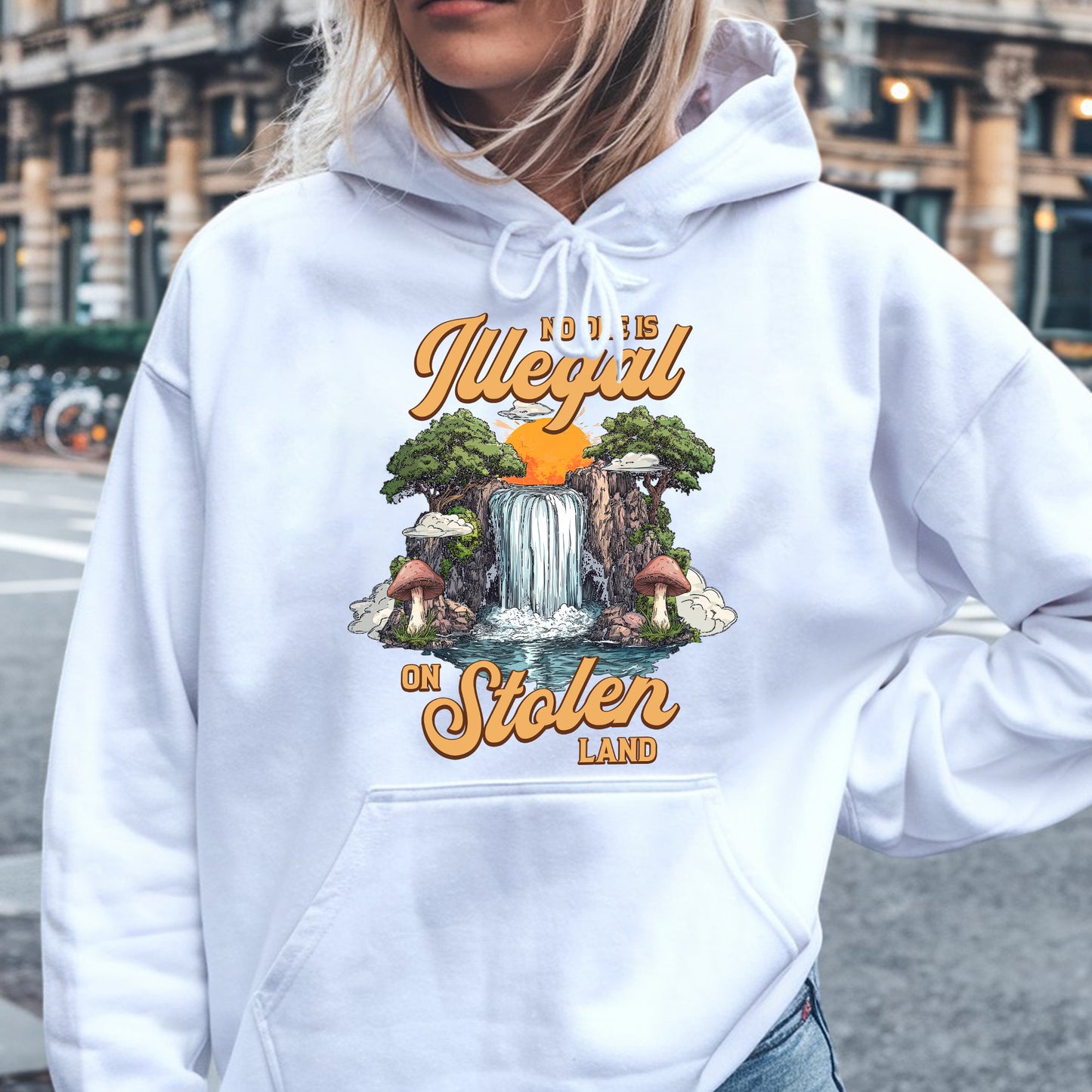 No One Is Illegal On Stolen Land - Waterfall Design Front Print Unisex T-Shirt/T-Shirt V-Neck/Hoodie/Sweatshirt