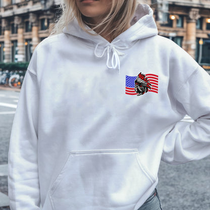 Native American Flag Tribal Chief Head with USA Flag Graphic - Two sides - Unisex T-Shirt/T-Shirt V-Neck/Hoodie/Sweatshirt