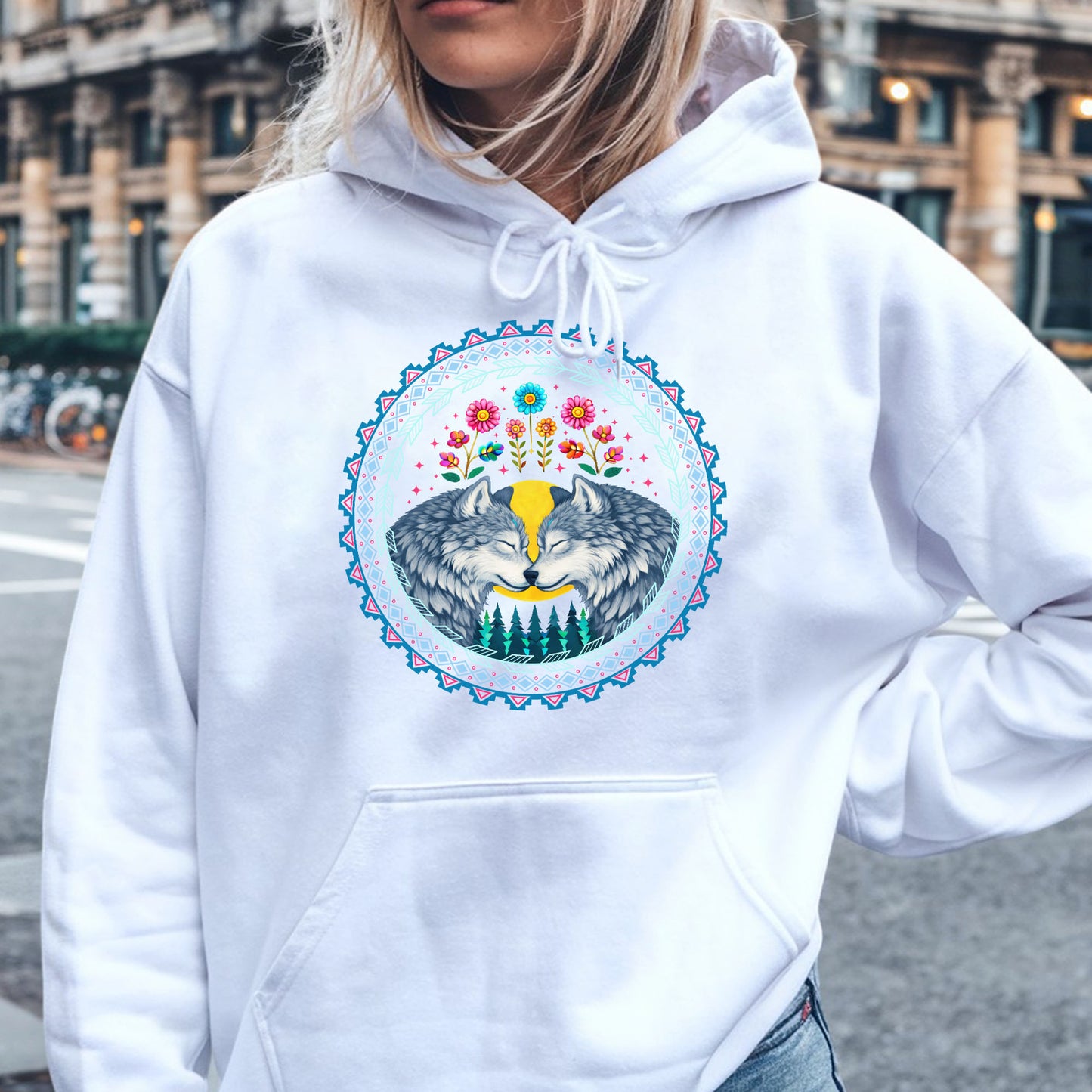Two Wolves in Love Native Circle - Indigenous Art of Unity & Love Unisex T-shirt/T-shirt V-neck/Hoodie/Sweatshirt