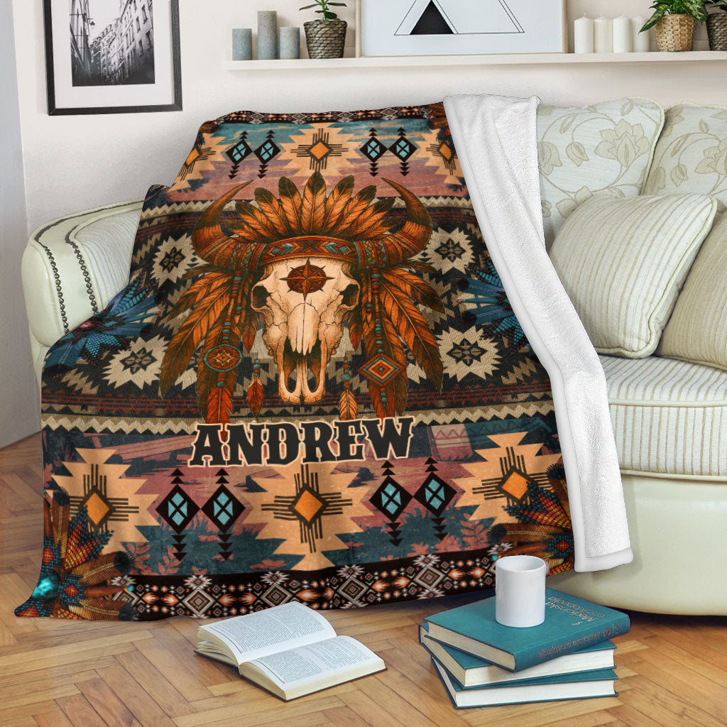 Custom Native American Buffalo Skull Tribal Fleece Blanket