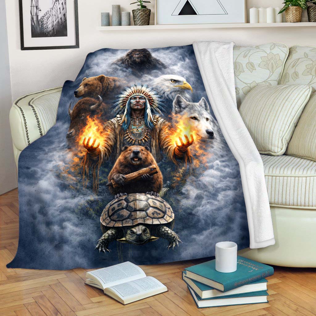 Native American Spirit Animal - Chief with The Seven Teachings Design for Blanket