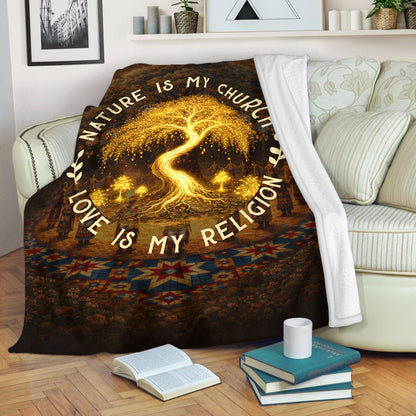 "Nature Is My Church, Love Is My Religion" - Mystical Glowing Tree Design For Blanket Soft and Warm