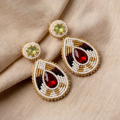 Handmade Beaded Teardrop Shape Post White Maroon Earrings