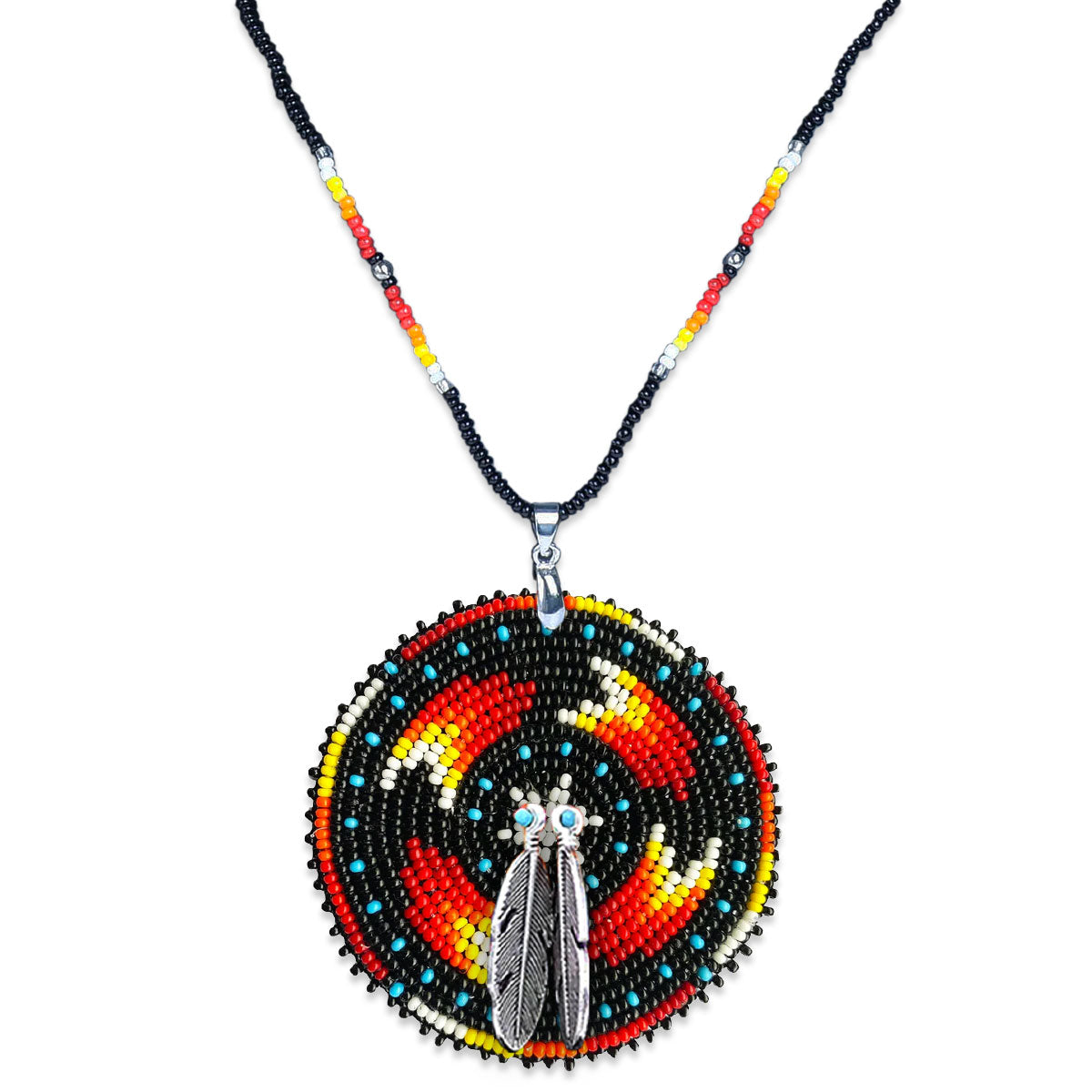 SALE 50% OFF - Black Pattern Light Fire Handmade Beaded Wire Necklace Pendant Unisex With Native American Style