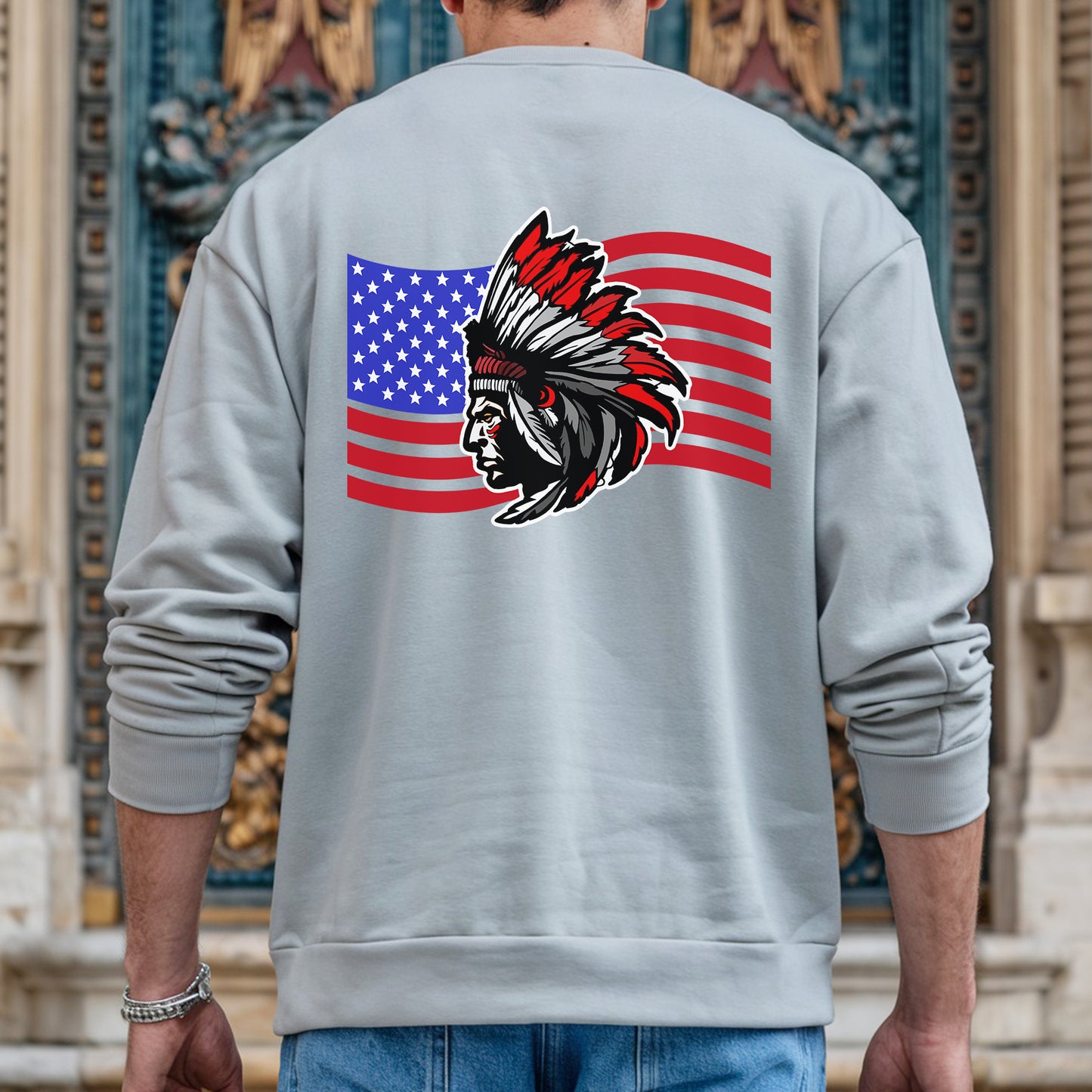 Native American Flag Tribal Chief Head with USA Flag Graphic - Two sides - Unisex T-Shirt/T-Shirt V-Neck/Hoodie/Sweatshirt