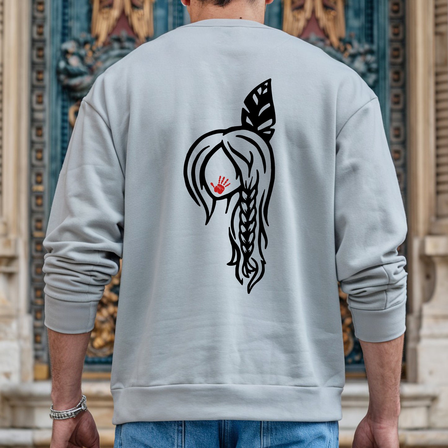 Braided Hair Red Handprint Indigenous Woman - Two Sides - MMIW Unisex T-Shirt/Hoodie/V-Neck/Sweatshirt