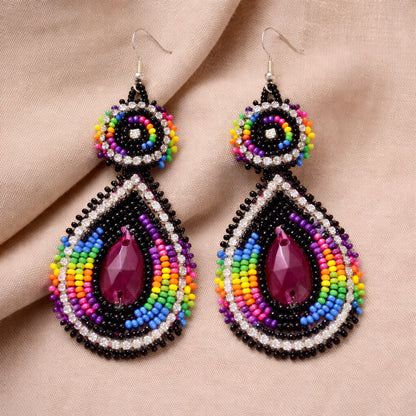 Handmade Beaded Teardrop Czech Purple Black Earrings
