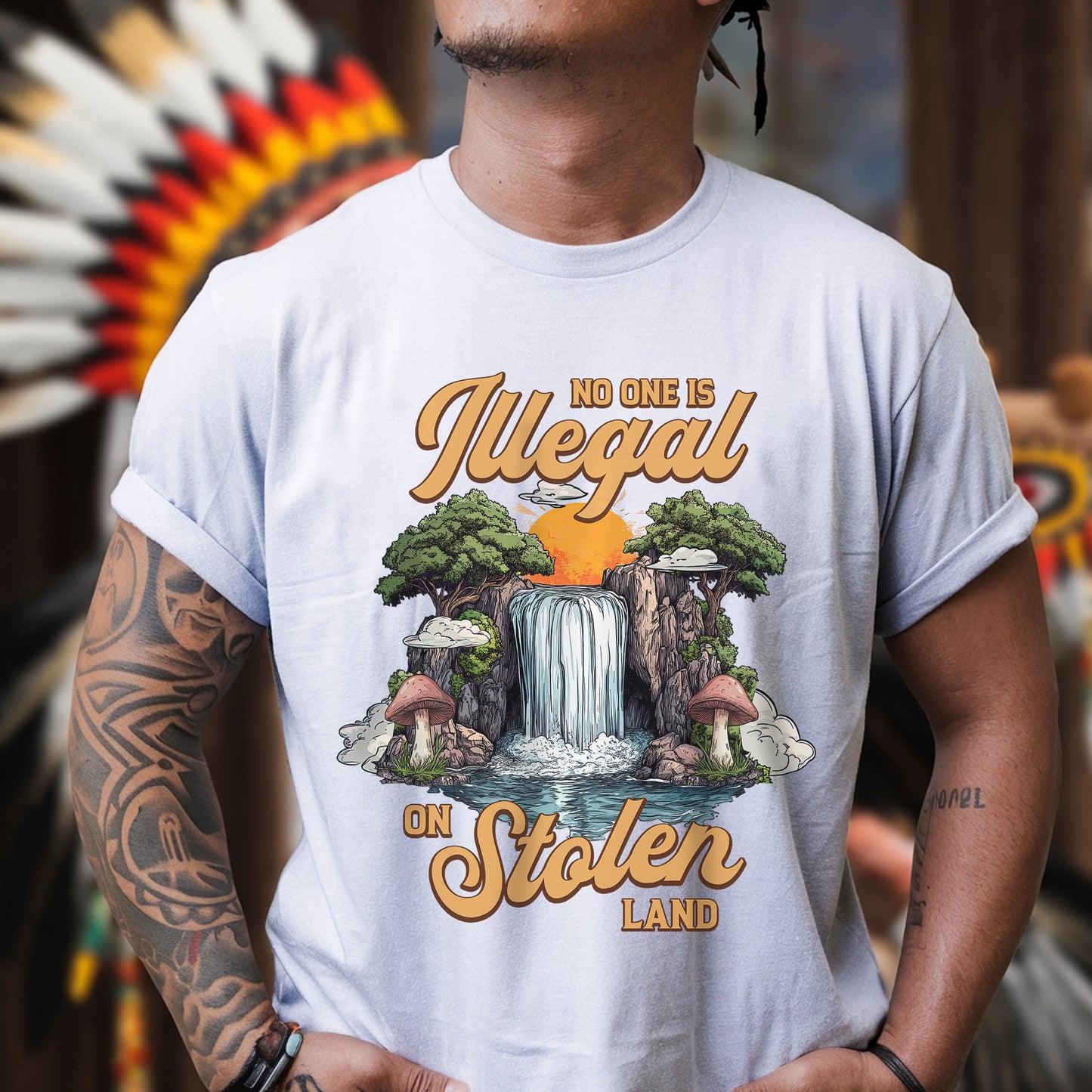 No One Is Illegal On Stolen Land - Waterfall Design Front Print Unisex T-Shirt/T-Shirt V-Neck/Hoodie/Sweatshirt