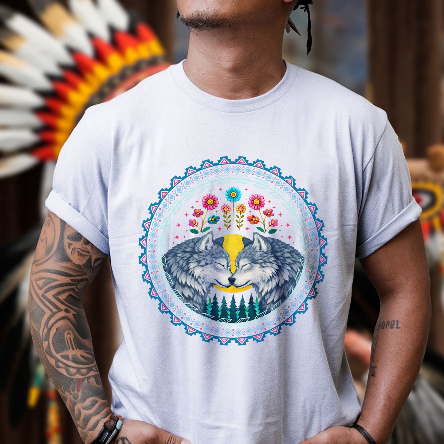Two Wolves in Love Native Circle - Indigenous Art of Unity & Love Unisex T-shirt/T-shirt V-neck/Hoodie/Sweatshirt
