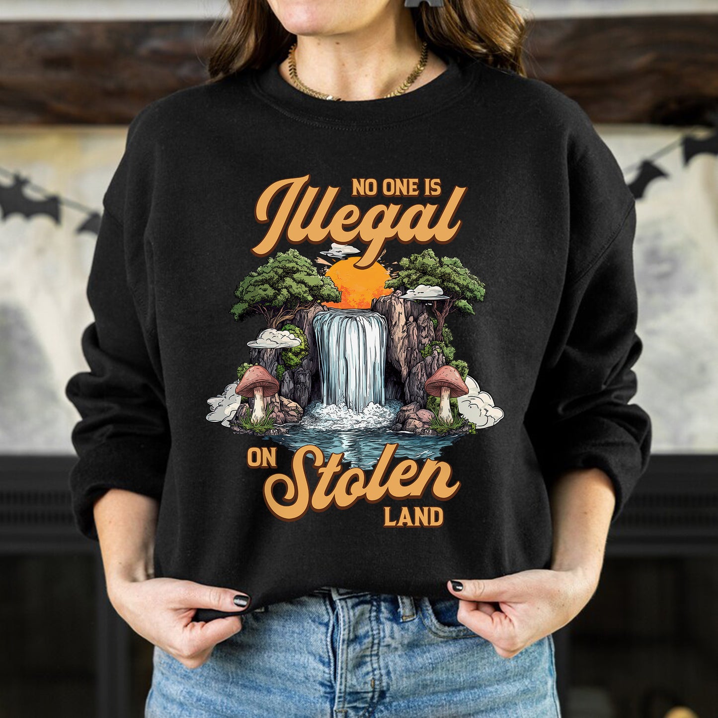 No One Is Illegal On Stolen Land - Waterfall Design Front Print Unisex T-Shirt/T-Shirt V-Neck/Hoodie/Sweatshirt