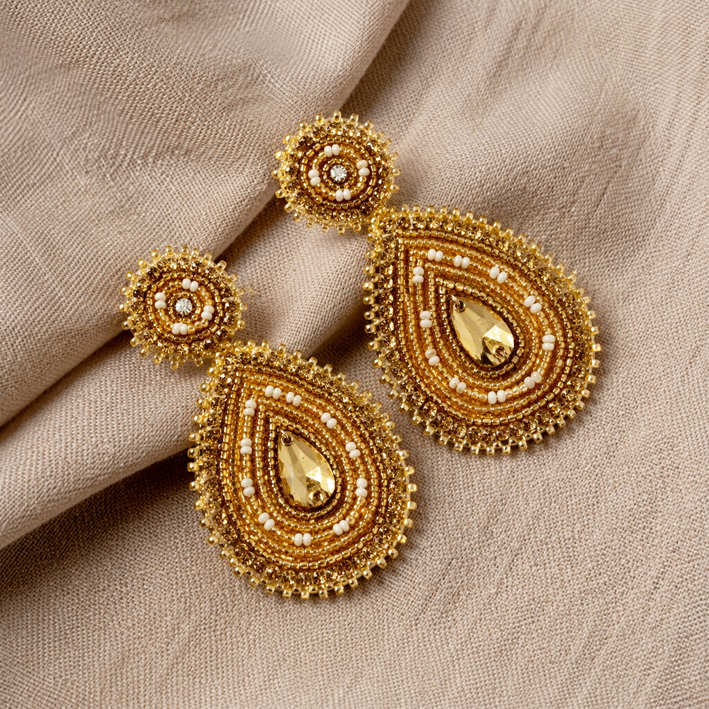 Handmade Beaded Teardrop Shape Post Gold Earrings