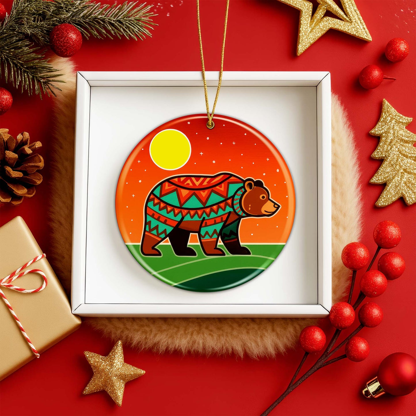 Tribal Bear Ceramic Ornament - Indigenous Inspired for Holiday Decor