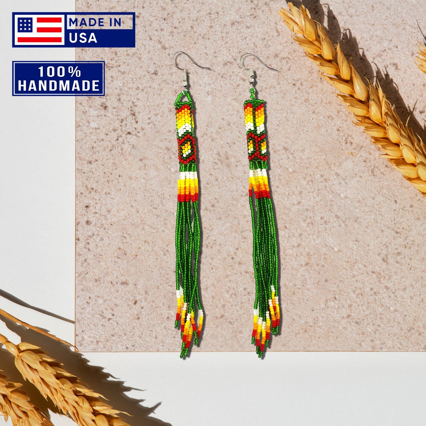 Green Extra Long Beaded Handmade Earrings For Women