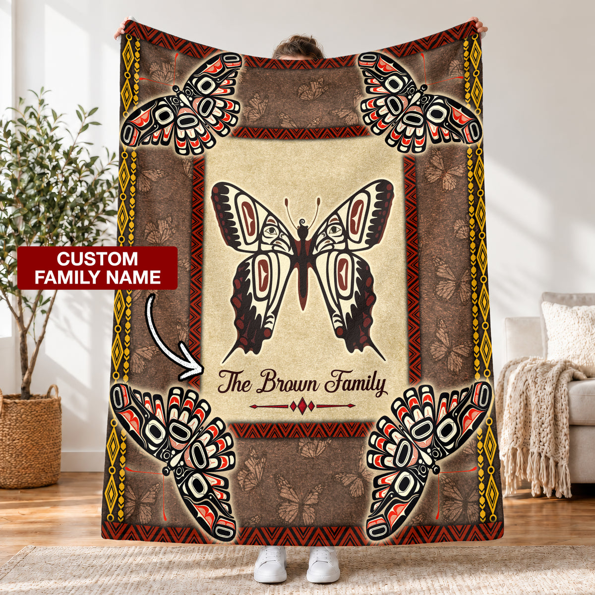 Custom Family Name Native American Style Butterfly Symbols Fleece Blanket