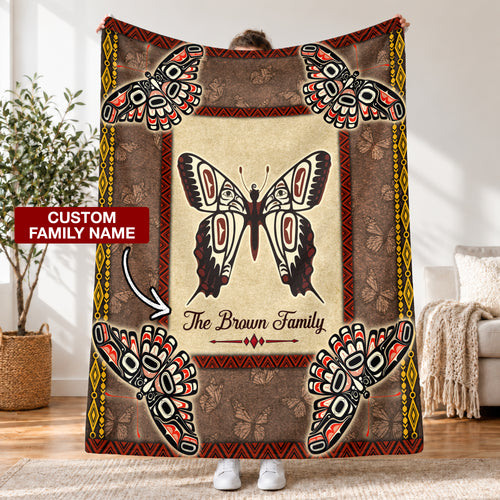Custom Family Name Native American Style Butterfly Symbols Fleece Blanket