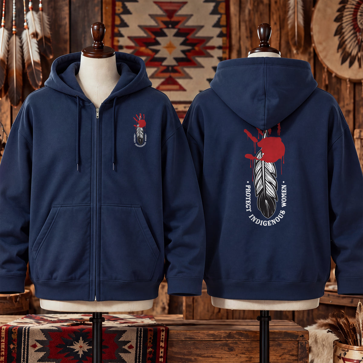 Protect Indigenous Women Red Hand Feather - Two Sides Unisex Hoodie Zip