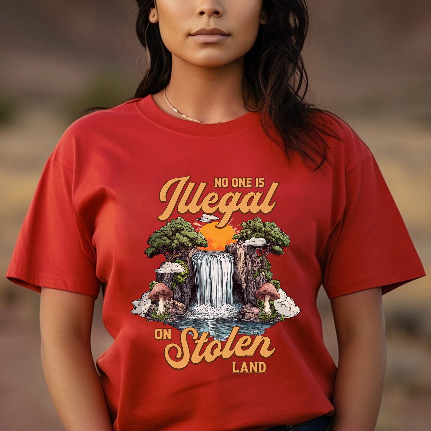 No One Is Illegal On Stolen Land - Waterfall Design Front Print Unisex T-Shirt/T-Shirt V-Neck/Hoodie/Sweatshirt