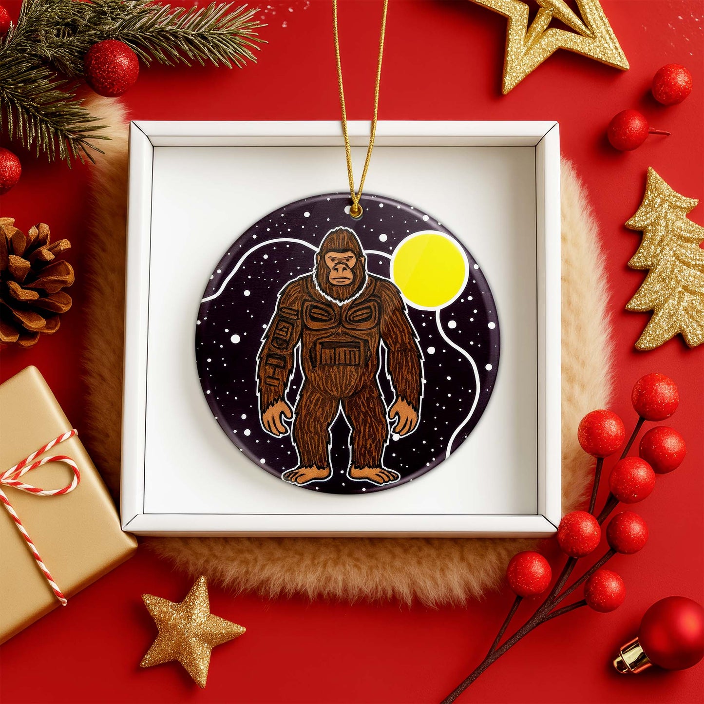 Tribal Bigfoot Ceramic Ornament - Indigenous Inspired for Holiday Decor