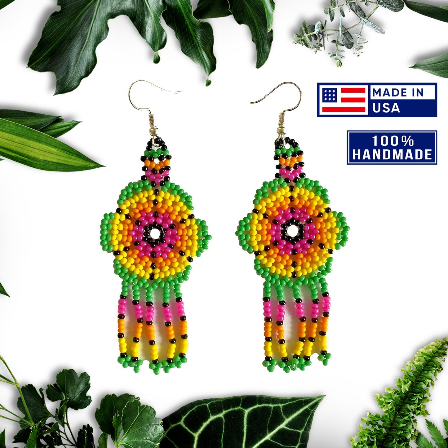 Ethnic Flower Green Beaded Chandelier Beaded Handmade Earrings For Women