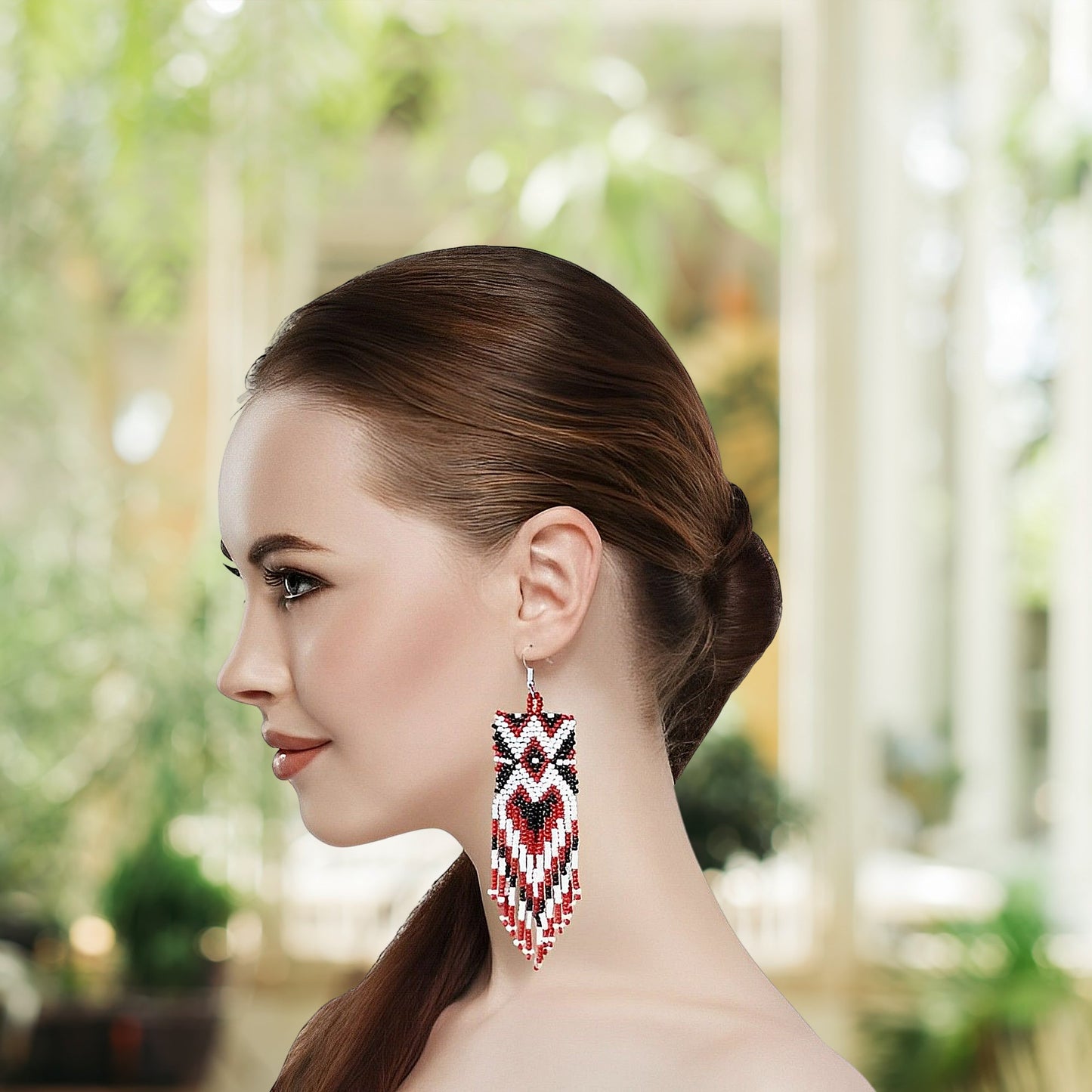 Red Black Long Beaded Handmade Earrings For Women