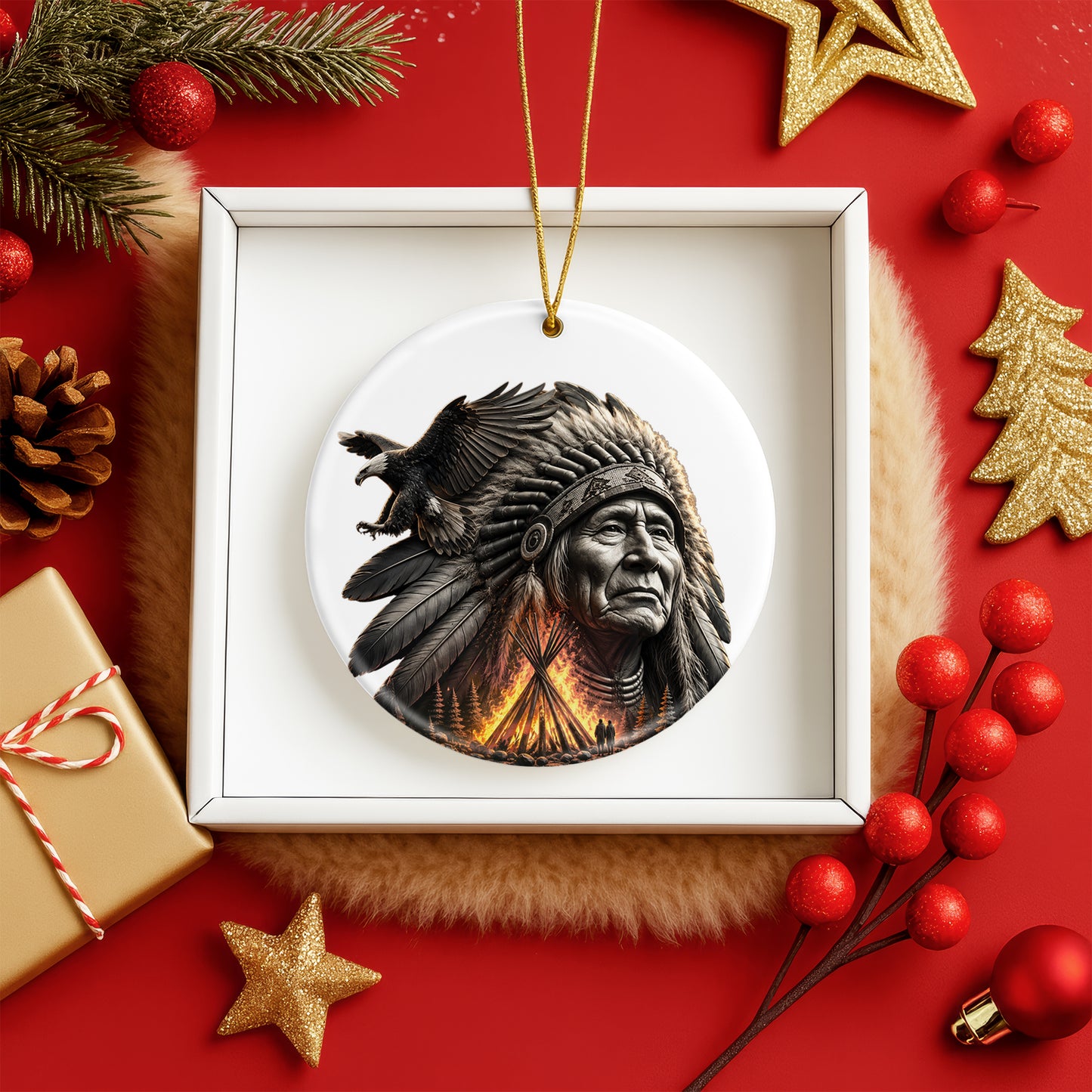 Native American Chief & Eagle Christmas Ornament – Indigenous Heritage Ceramic Hanging Decoration