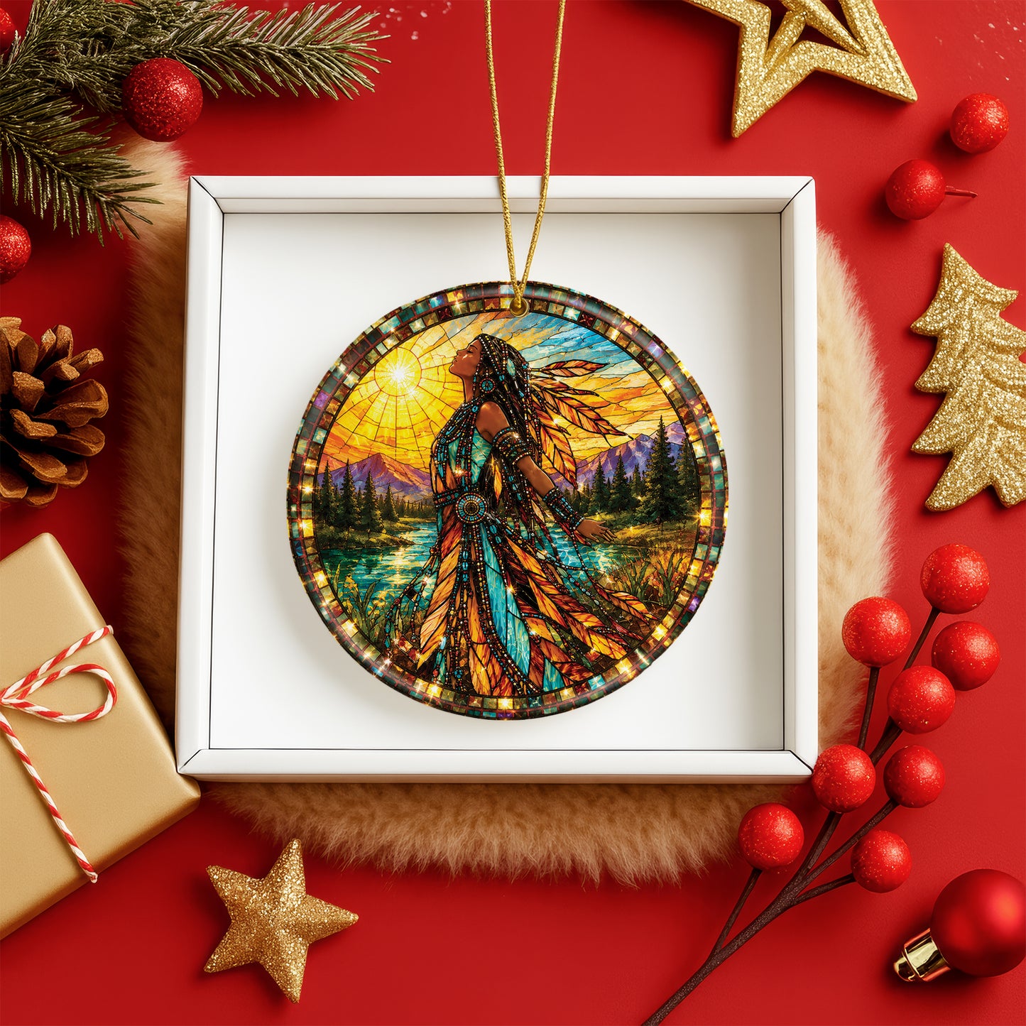 Native American Woman Ceramic Ornament - Feather Stained Glass Design