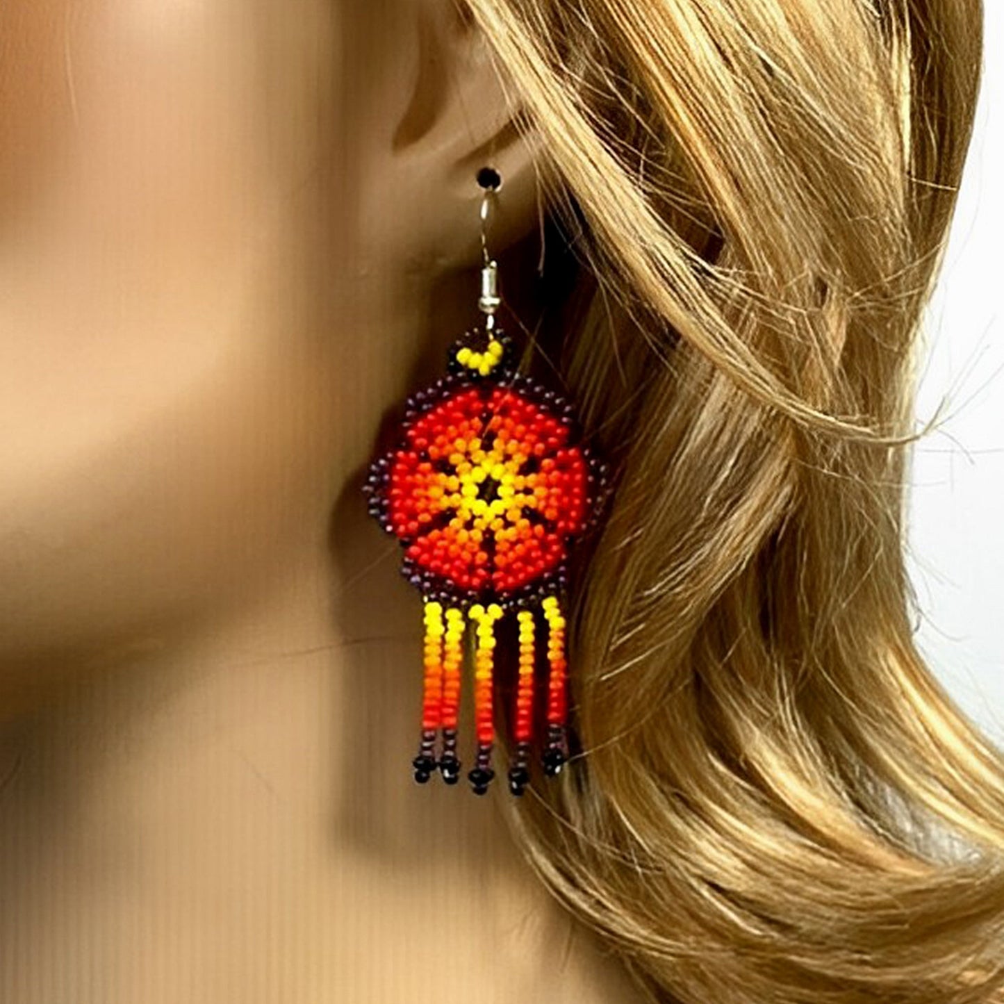 Ethnic Flower Purple Red Chandelier Black Stick with Metal Feather Beaded Handmade Earrings For Women