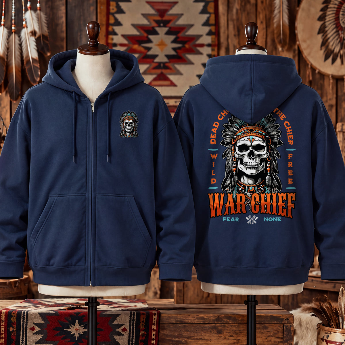 Native Inspired War Chief Skull Fear None Wild Free - Two Sides Unisex Hoodie Zip