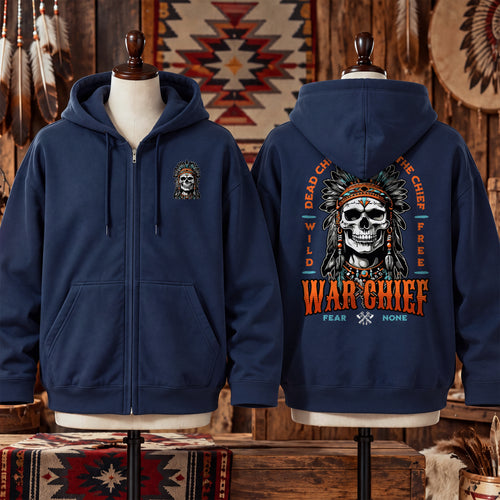 Native Inspired War Chief Skull Fear None Wild Free - Two Sides Unisex Hoodie Zip