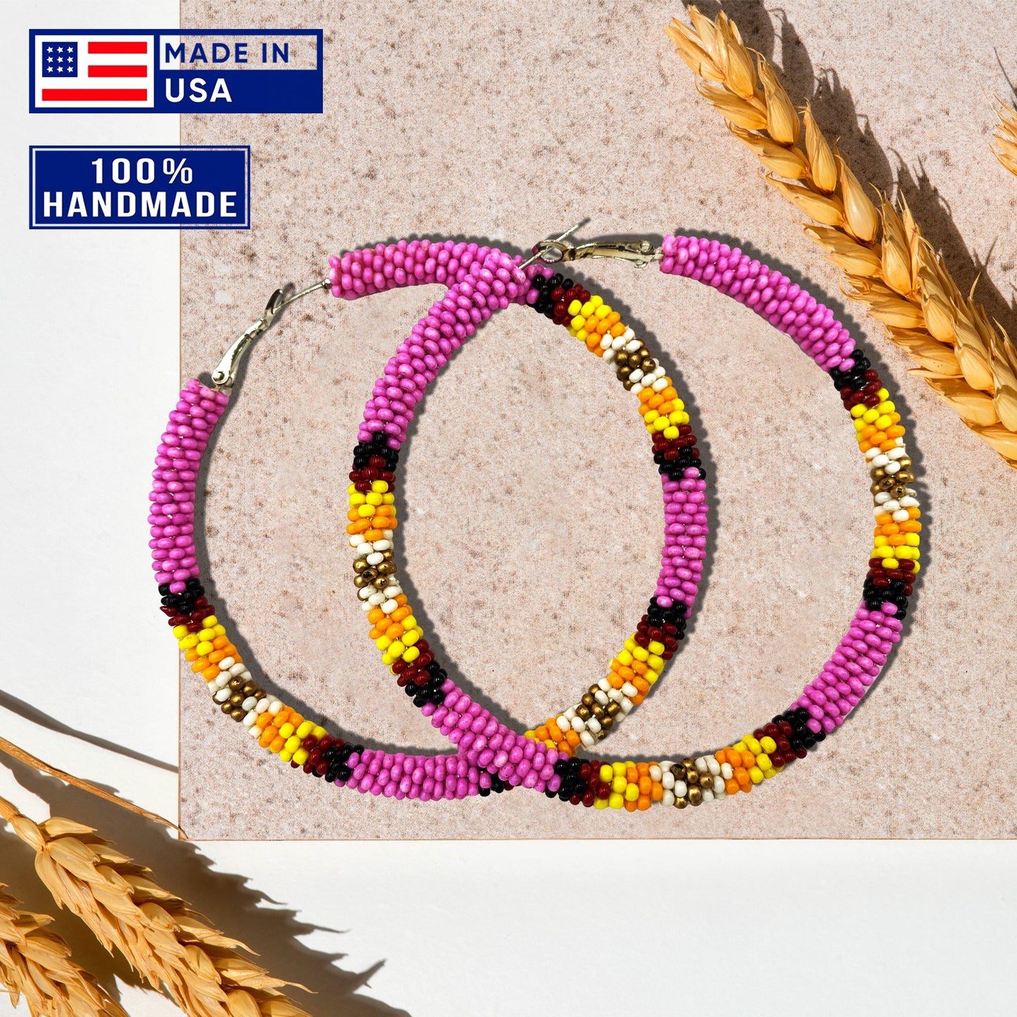 Handmade 3-Inch Hoop Round Pattern Beaded Earrings for Women