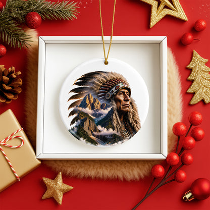 Native American Mountain Warrior Christmas Ornament – Indigenous Spirit Ceramic Holiday Hanging Decor