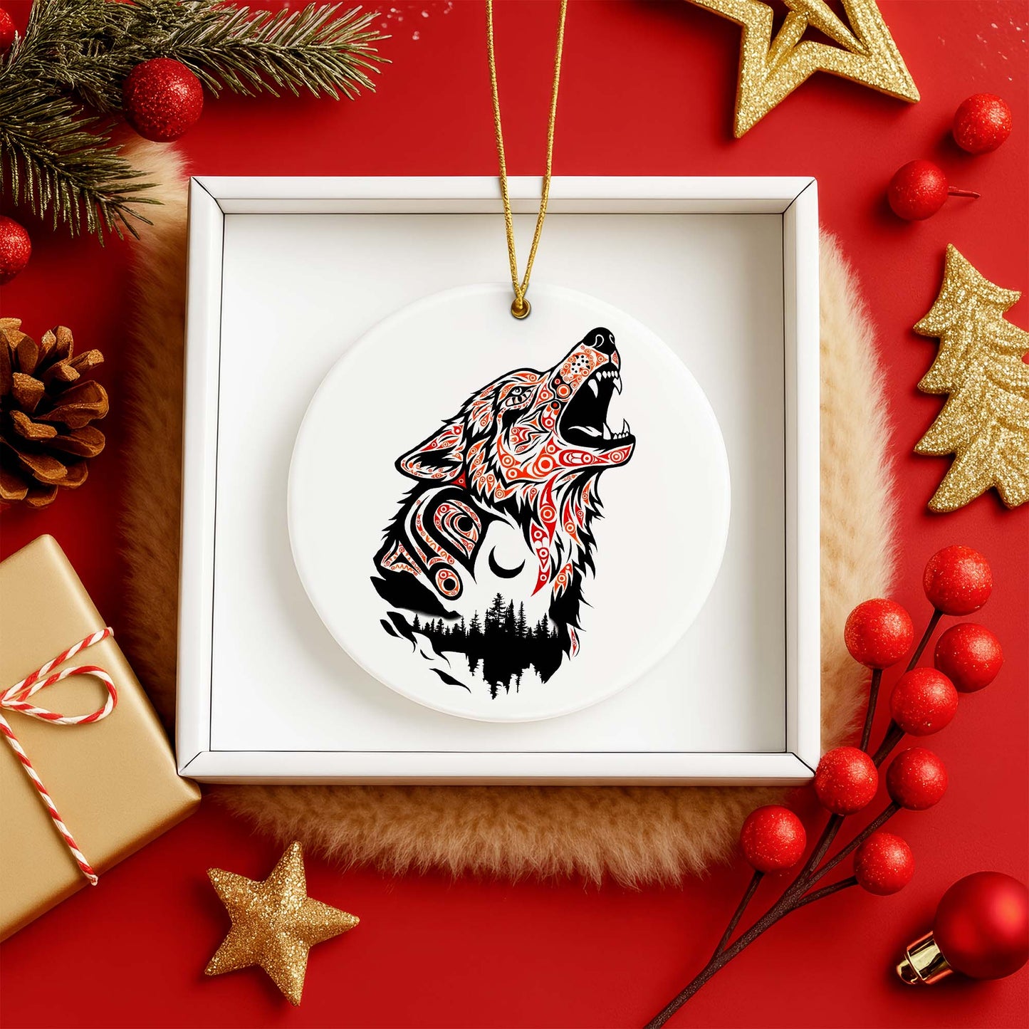 Native Wolf Ceramic Ornament - Indigenous Tribal Art for Holiday Decor
