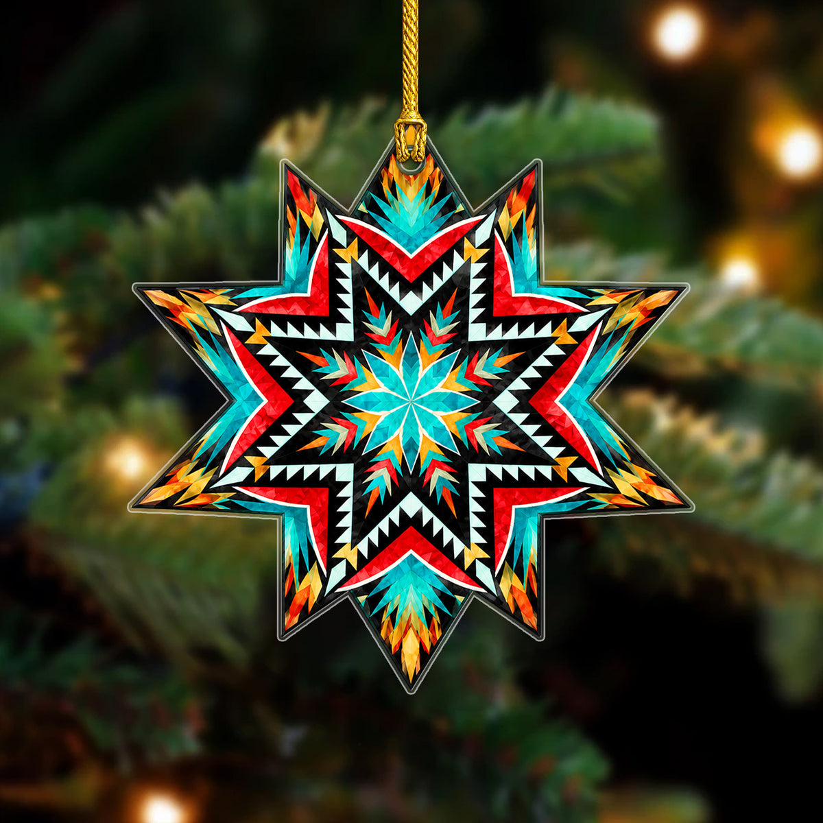 Turquoise Red Native Star Quilt Acrylic Christmas Ornament