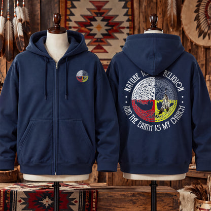 Nature Is My Religion Four Directions Sacred Circle - Two Sides Unisex Hoodie Zip