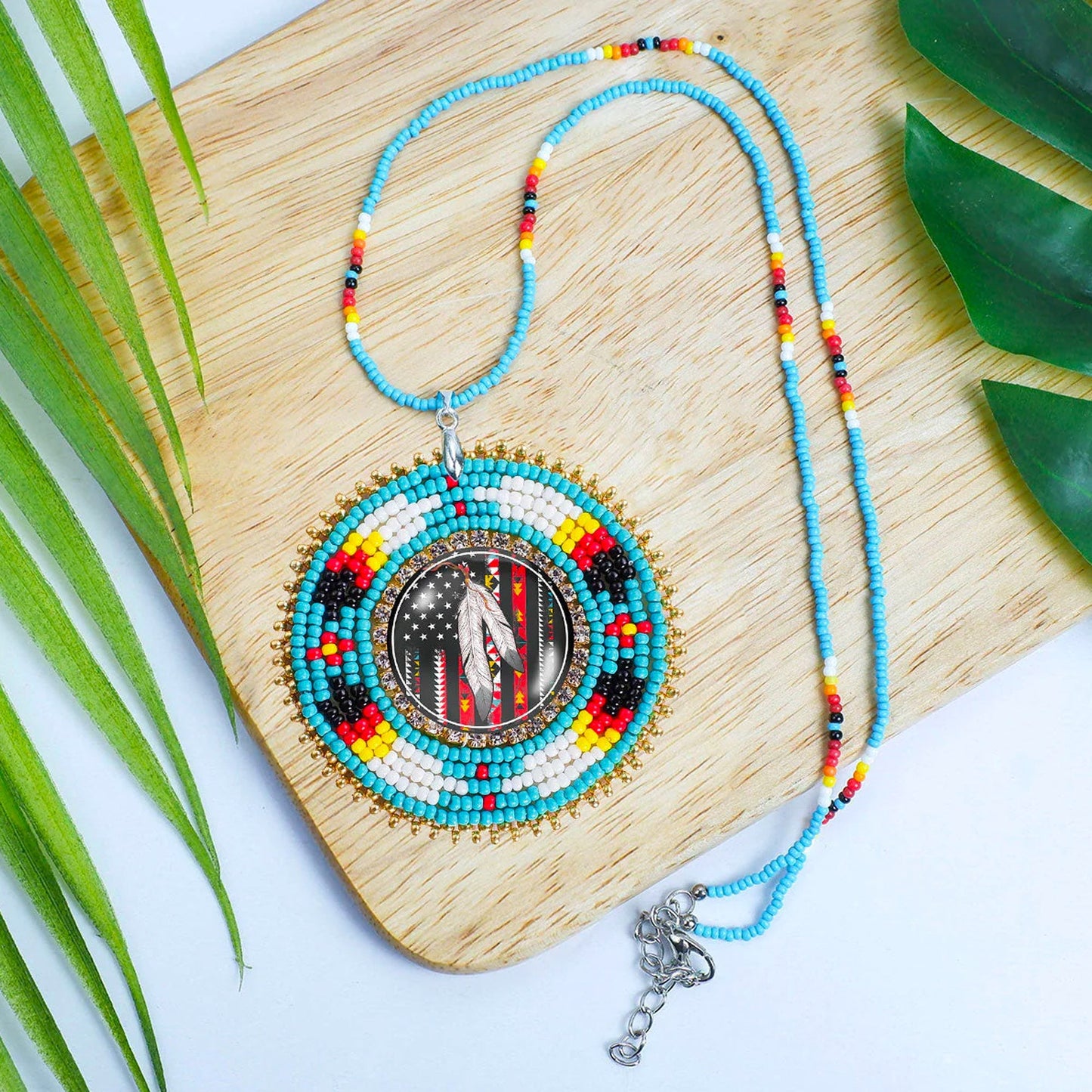 SALE 50% OFF - Native Flag Feathers Handmade Glass Beaded Patch Necklace Pendant