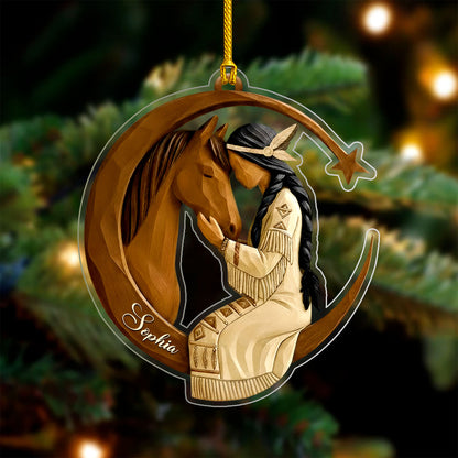 Native American Christmas - Horse and Maiden - Custom Name Design - Ornament Acrylic