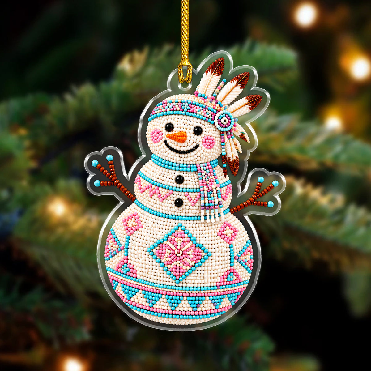 Native Snowman Christmas Acrylic Ornament, Beaded Style Decor