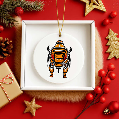 Native Bison Spirit Ceramic Ornament - Indigenous Tribal Art for Holiday Decor