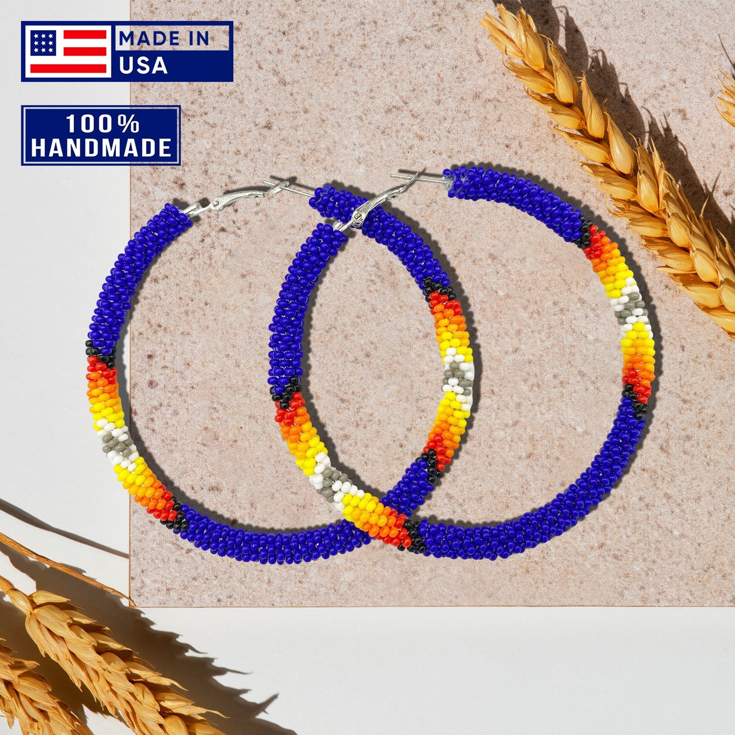 Handmade Deep Blue Pattern Hoop Beaded Earrings for Women