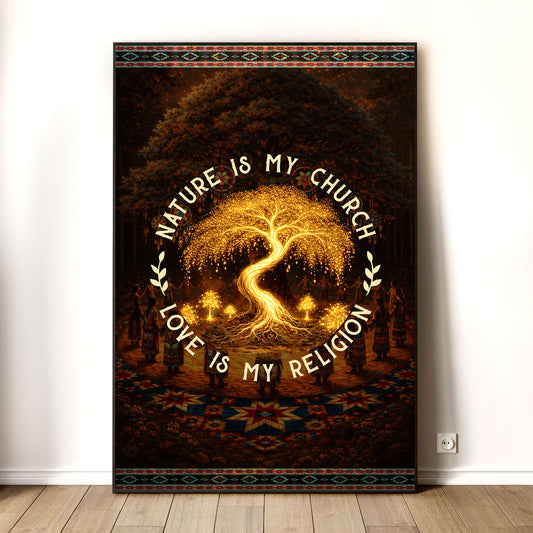 "Nature Is My Church, Love Is My Religion" - Mystical Glowing Tree Design For Poster/Canvas