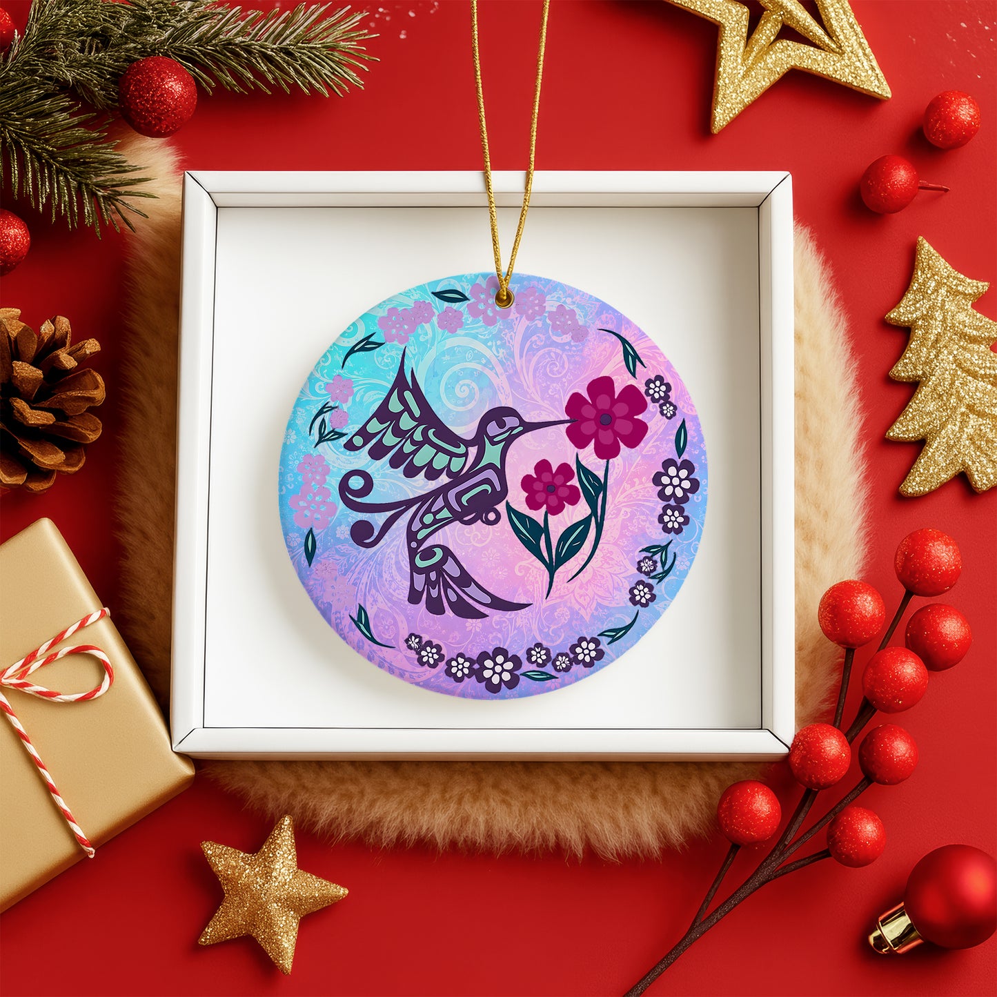 Hummingbird Ceramic Ornament – Floral Christmas Tree Decor & Nature Lover Gift