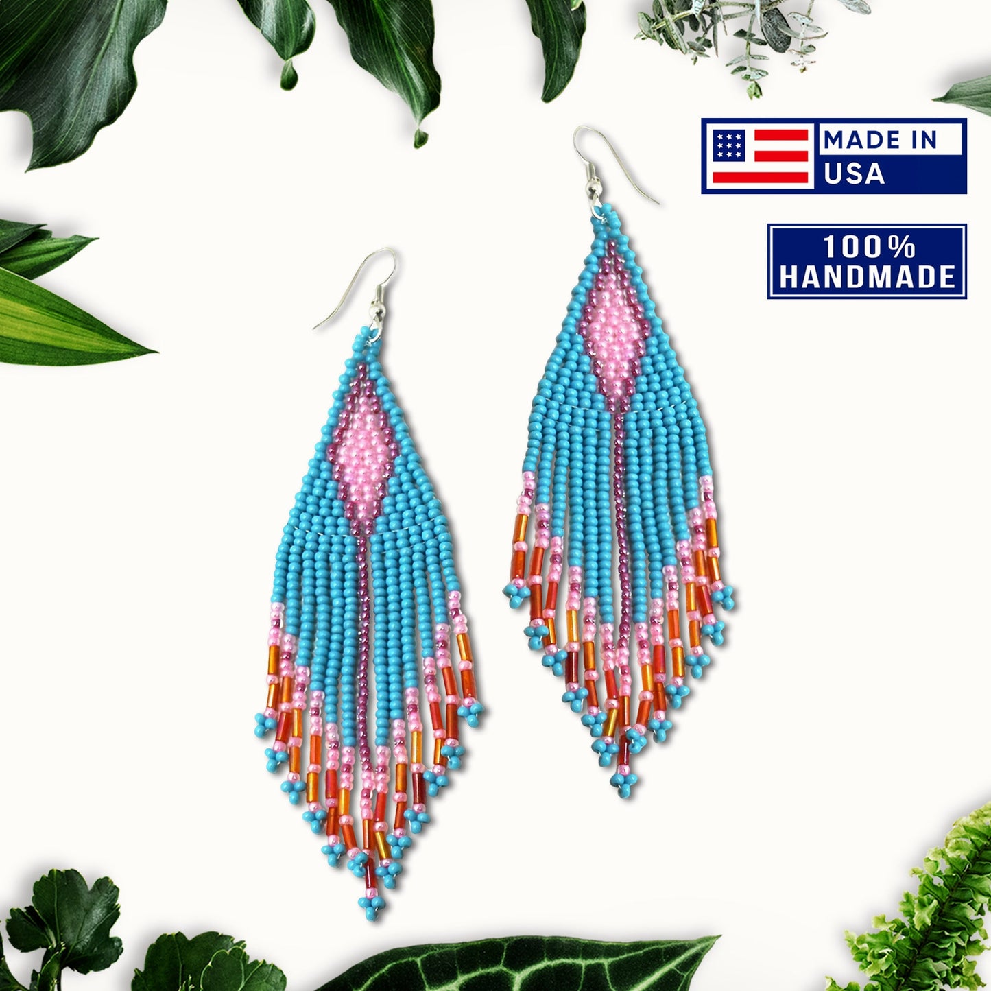 Turquoise Blue Seed Pattern Beaded Handmade Earrings For Women