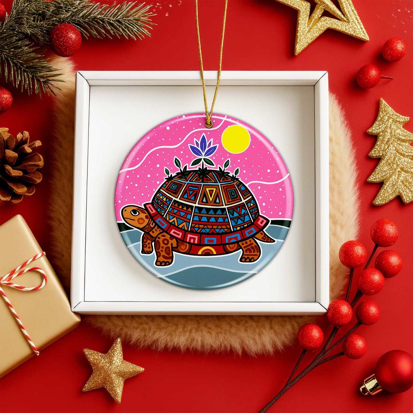 Turtle Island Ceramic Ornament - Indigenous Inspired for Holiday Decor