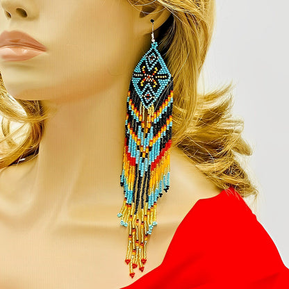 Long Turquoise Blue Black Beaded Handmade Earrings For Women