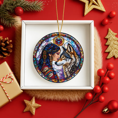 Wolf And Woman Stained Glass Ceramic Christmas Ornament Holiday Decor
