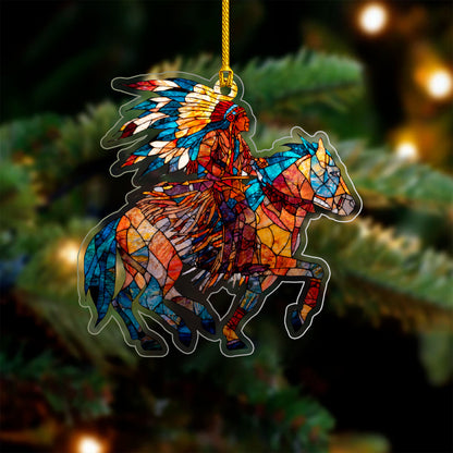 Native American Horse Rider Indigenous Warrior Christmas Tree Decor Flat Acrylic