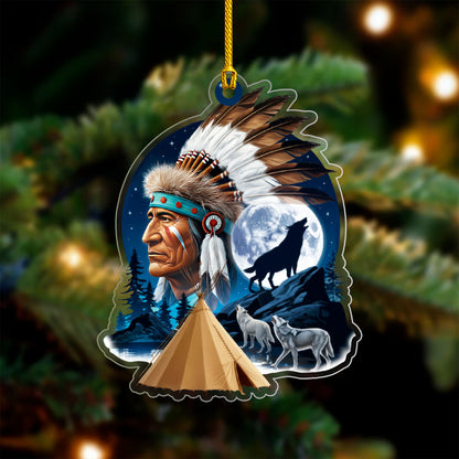 Native American Chief & Wolves Under Full Moon - Tribal Christmas Tree Decor Flat Acrylic