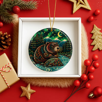 Native Inspired Beaver Ceramic Ornament, Indigenous Style Wildlife Holiday Decor